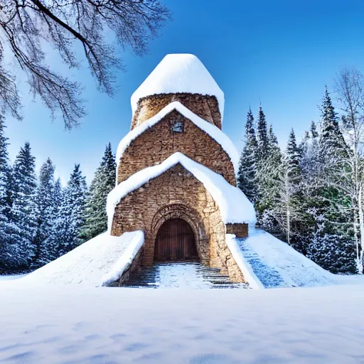 Prompt: Wizard's Tower in the Winter Surrounded by Snow and Trees