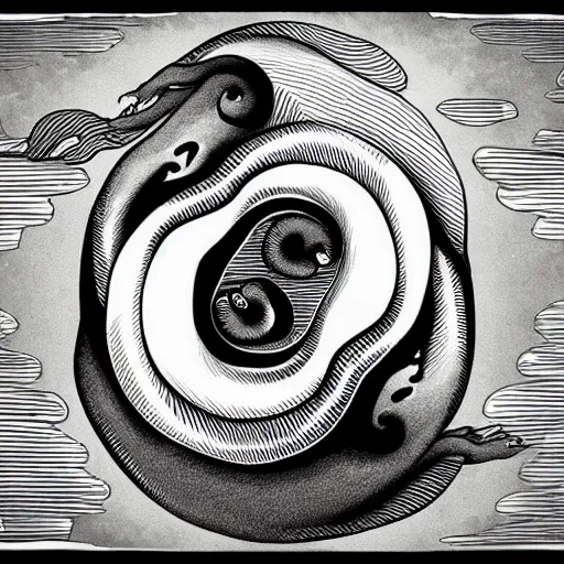 Prompt: yin Yang sea creatures as old black and white vintage cartoons