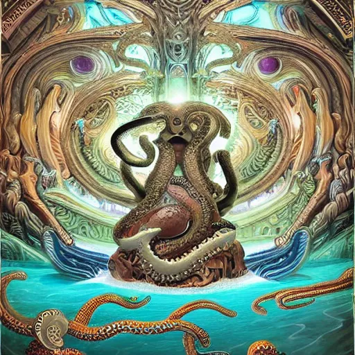 Prompt: the sacred octopus god of the alien people of the ocean world of tao city phi, as he is his worshiped in the architectures of the elaborate and hyperdetailed self - transforming landscape