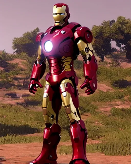 Image similar to iron man styled mech suit in red dead redemption 2, cinematic, photorealistic