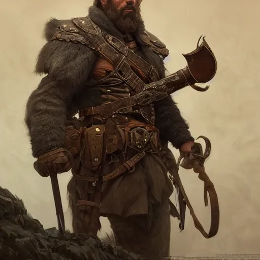 Image similar to portrait of a rugged ranger, coherent hands, handsome, muscular, full body, leather, hairy, d & d, fantasy, intricate, elegant, highly detailed, digital painting, artstation, concept art, smooth, sharp focus, illustration, art by artgerm and greg rutkowski and alphonse mucha