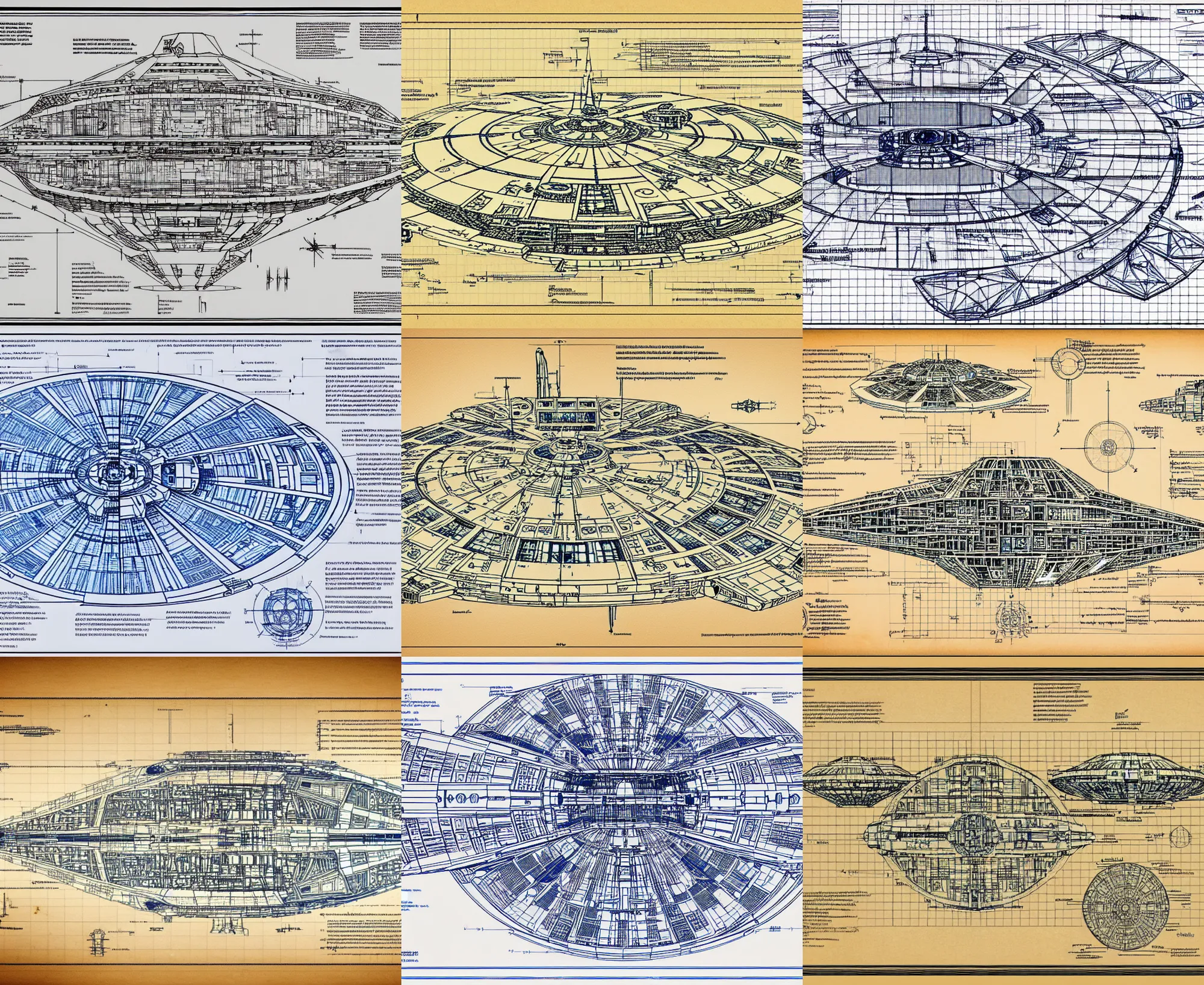 Prompt: blueprint of the millennium falcon, detailed, infographic, structured writings, space grid, old manuscript, by of h. r. da vinci