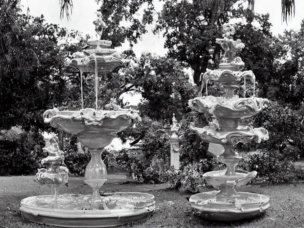 Prompt: Incredible ornate rich beefy gravy fountain in the gardens of the fried chicken mansion. Photograph from Booneville, Louisiana (1971)