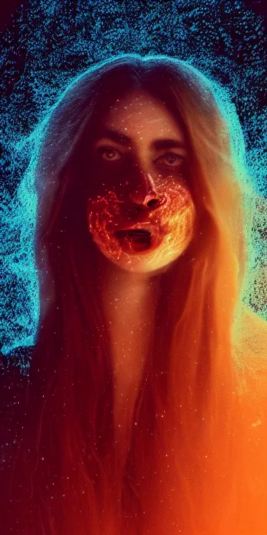 Image similar to dark background, light paint, candid!! long portrait of a very very beautiful! alf with narrow face, large eyes and flowing long hair, swirling dreamy smoke and fog is coming from her mouth, face partially obscured, by conrad roset, abstract background, dramatic lighting, trending on artstation