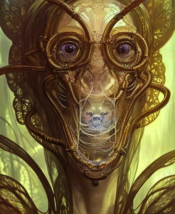 Prompt: intricate ornate opulent transparent clear see - through portrait of a terrifying beautiful male alien rat, mottled coloring, adorable, childlike, overgrown jungle environment, ultra realistic, concept art, art nouveau, photorealistic, octane render, 8 k, unreal engine. art by christopher marley and artgerm and greg rutkowski and alphonse mucha