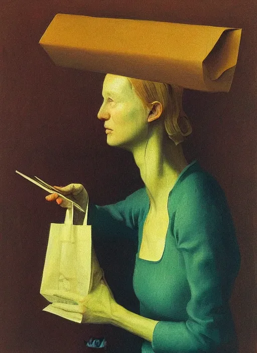 Image similar to woman with a paper bag over the head and a sward Edward Hopper and James Gilleard, Zdzislaw Beksinski, Steven Outram highly detailed