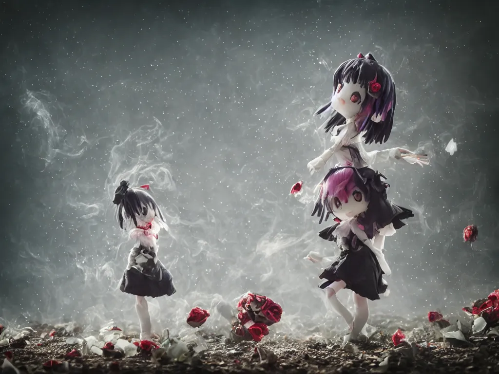 Prompt: cute fumo plush of a gothic maiden girl tossing lots of decayed roses into the air, stale twilight, dust particles in sunbeams, swirling vortices of emissive smoke and volumetric fog over the river, bokeh, 5 0 mm, vignette, vray