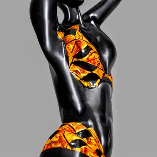 Image similar to masterpiece of a glossy black marble statue of an african girl with colorful african pattern logos in the background in the style of virgil abloh, very very beautiful, detailed, realistic carved marble statue, fine art, off white, heron preston, techno, rave, 8 k, 4 k, detailed, realistic, beautiful, symmetrical, vogue, paris, fashion