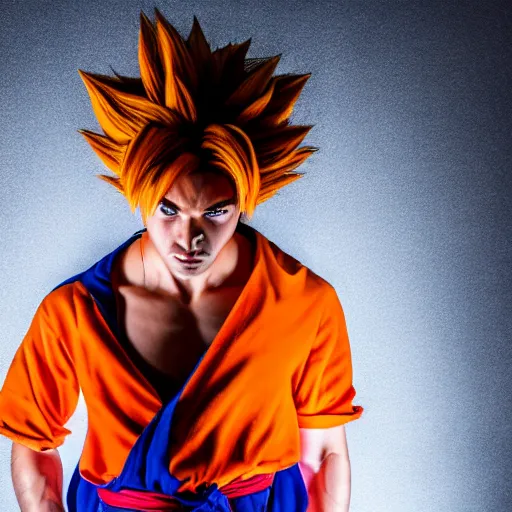 Prompt: portrait of man cosplaying as goku, studio lighting, 8k