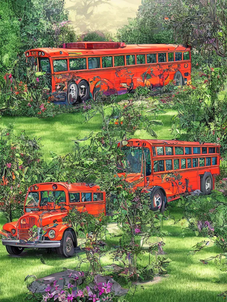 Image similar to a school bus turned home parked in a garden, digital art, hyper-detailed