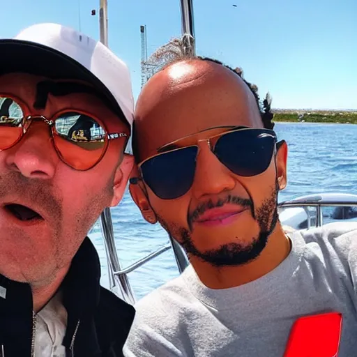 Image similar to character torrente and lewis hamilton on a boat