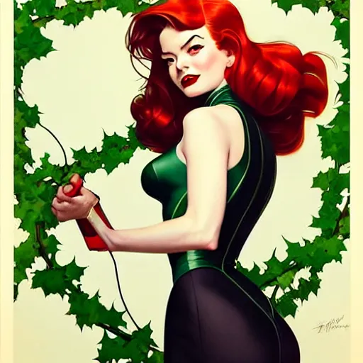 Image similar to joshua middleton, phil noto, norman rockwell, artgerm, 1 9 5 0 s rockabilly emma stone poison ivy dc comics, pompadour, vines, symmetrical eyes, city rooftop