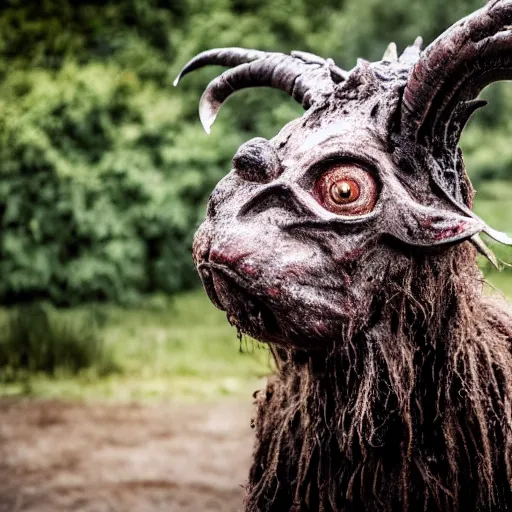 Image similar to horror, moody, still from film, daytime, muddy village square, wide shot, screeching mutant goat monster, powerful and huge, creeping on legs with hands, mouth crammed full of filthy jagged teeth, matted brown fur, in muddy medieval village square