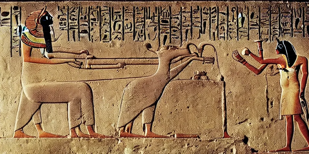 Prompt: an ancient egyptian hieroglyph portrayal of cat memes, real archeological discovery,