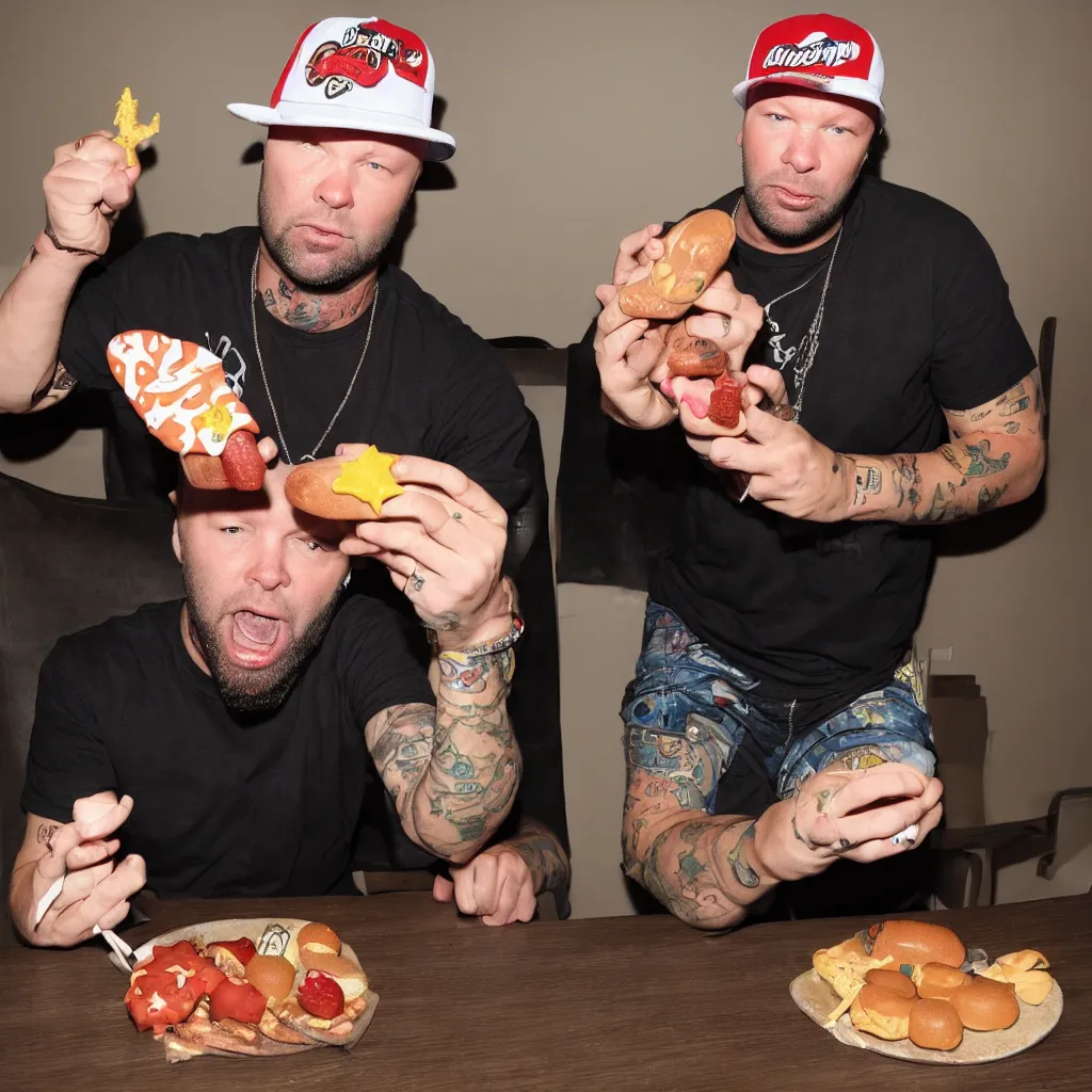 Prompt: Fred Durst eating a chocolate starfish and drinking hotdog flavoured water