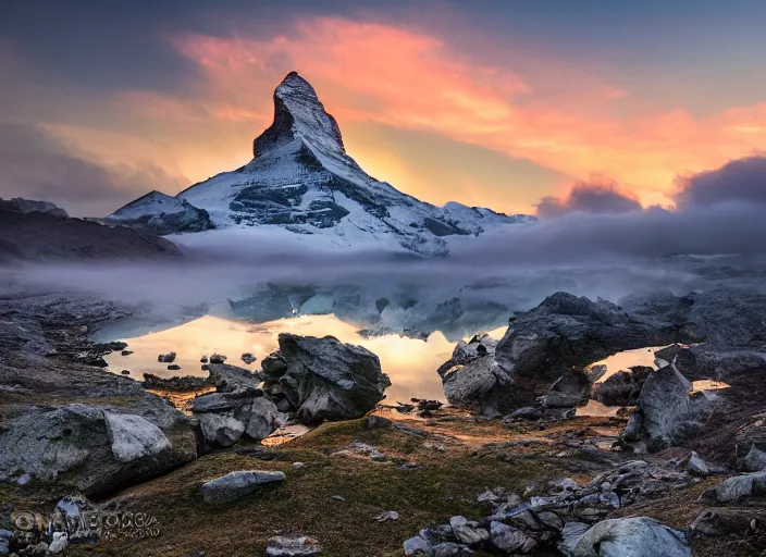 Prompt: photograph of the matterhorn, morning light, landscape photography, award winning, canon, soft lighting, sony, nikon, 4 k, hd