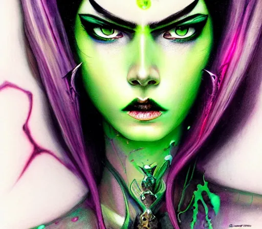 Prompt: a Demon Slayer portrait of Bayonetta , tall, pale-skinned, and slender woman with lime green eyes and long eyelashes by Stanely Artgerm,Tom Bagshaw,arthur adams,Carne Griffiths,trending on DeviantArt,street art,face enhance,chillwave,maximalist,full of color,glittering