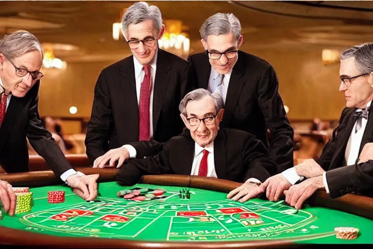 Prompt: “Alan Greenspan, Ben Burnanke, and Jerome Powell playing roulette with American inflationary policy in a Monty Carlo Casino”