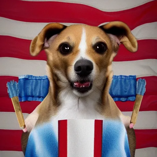 Image similar to a dog with a trident, riding a patriotic bald eagle