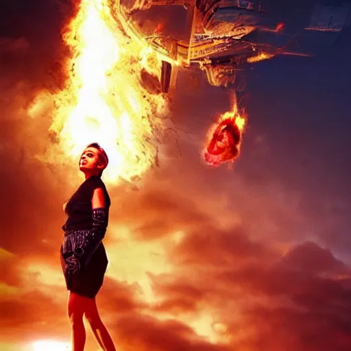 Image similar to a woman up there, sci - fi, on fire, giant, photoshop, creative and cool, photo manipulation