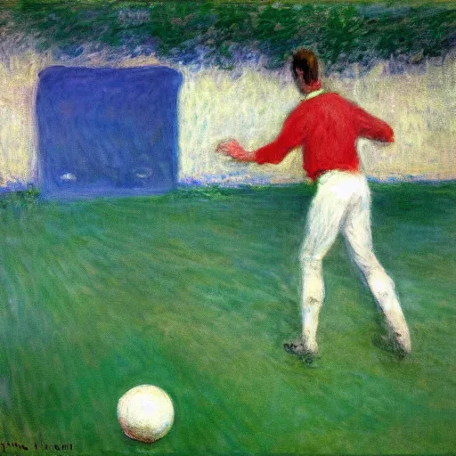 Prompt: monet painting of a skinny man playing warzone on an oversized computer, a soccer ball flying towards him from behind, highly detailed, realistic,