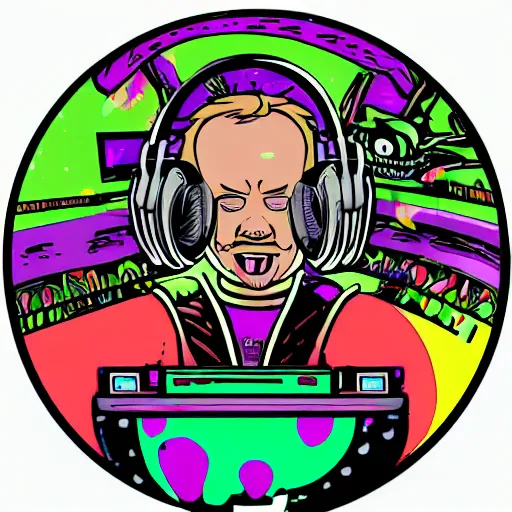 Image similar to svg sticker of a Pop-Wonder Alien-Bog-Monster-Swamp-Rat-Thunder-Coot-Racing-Fan at a rave, spinning records, giant headphones rocking out, wearing headphones, huge speakers, dancing, rave, DJ, spinning records, digital art, amazing composition, rule-of-thirds, award-winning, trending on artstation, featured on deviantart