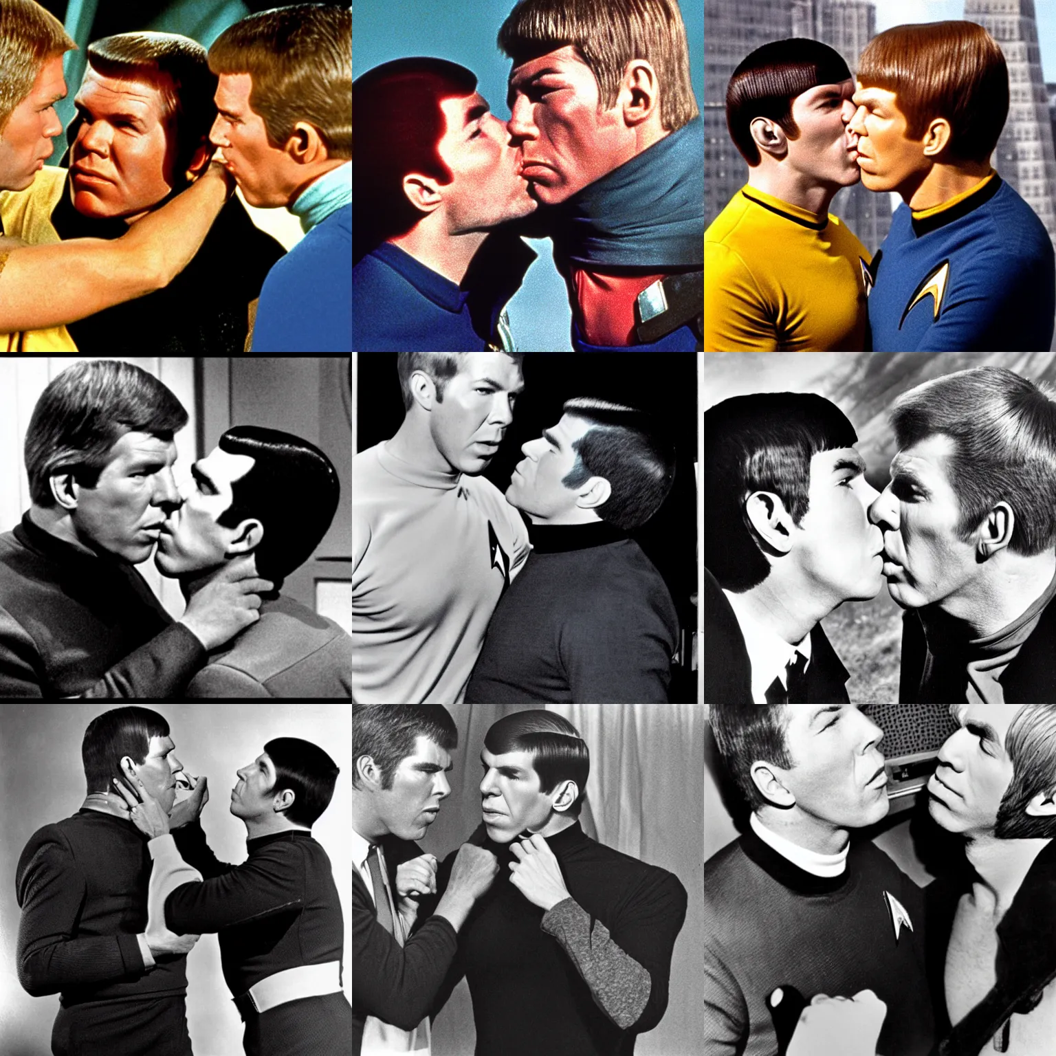 Prompt: Bill shatner captain kirk kissing spock