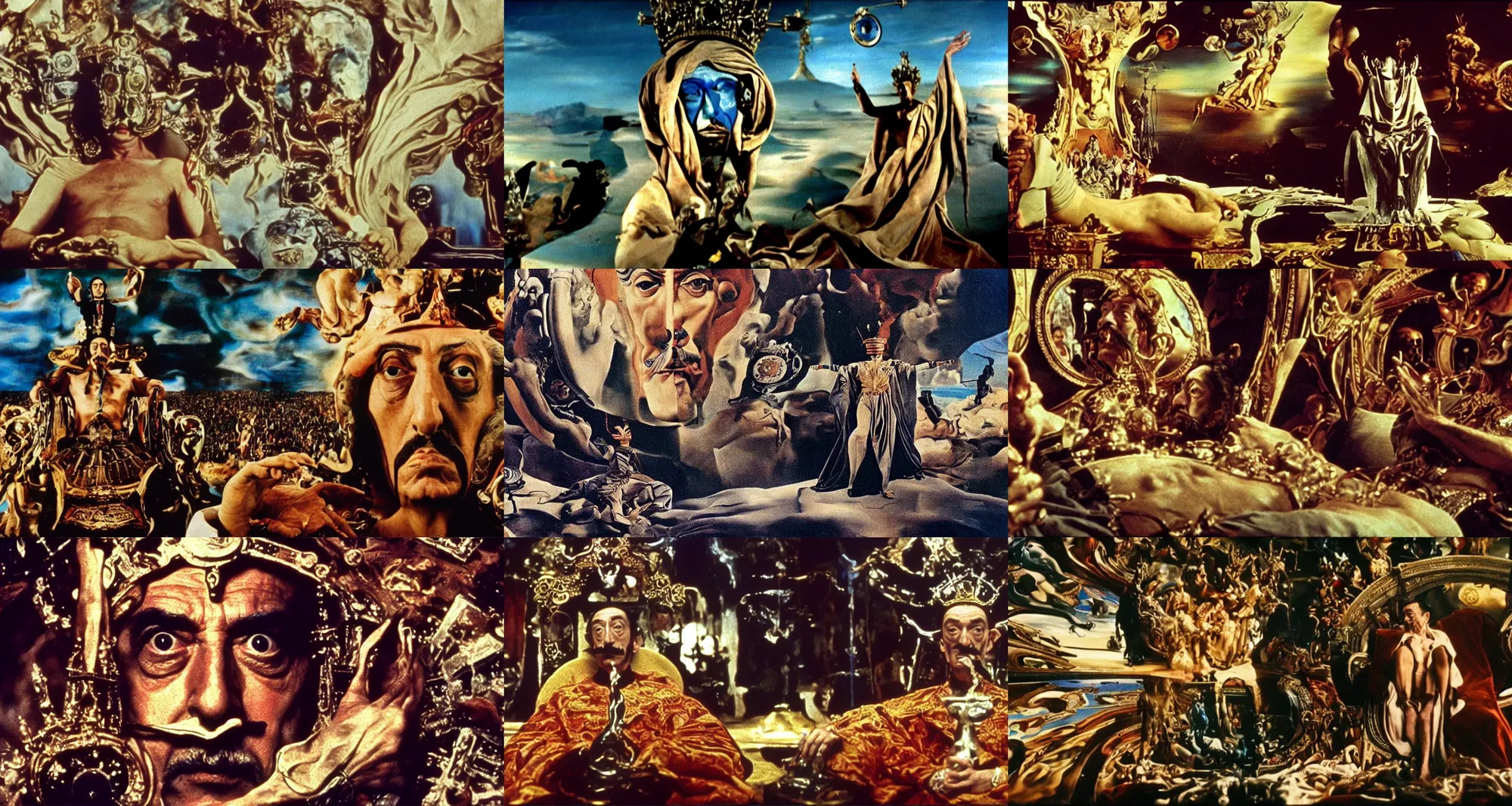 Prompt: the long shot of salvador dali as emperor of universe | still frame from the movie by ridley scott with cinematogrophy of christopher doyle and art direction by hans giger, anamorphic lens, 8 k, higly detailed masterpiece