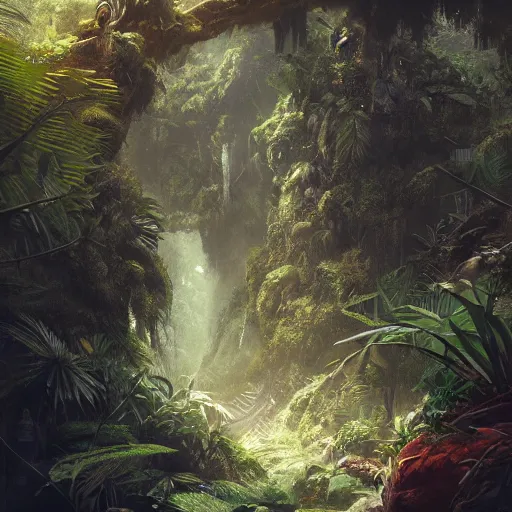 Image similar to jungle imagined by greg rutkowski under the influence of ayahuasca, trending on artstation, award - winning artwork