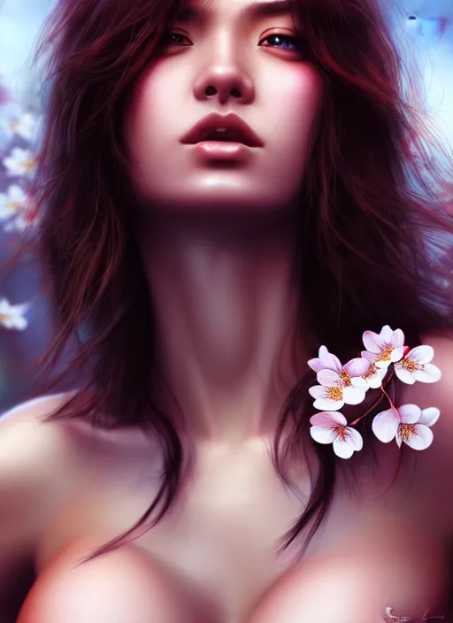 Image similar to photo of a gorgeous female with messy hair in the style of stefan kostic, realistic, body shot, sharp focus, 8 k high definition, insanely detailed, intricate, elegant, art by stanley lau and artgerm, cherry blossoms