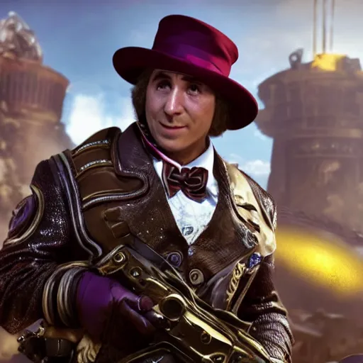 Image similar to willy wonka in gears of war, splash art, movie still, detailed face, photorealistic facial features, cinematic lighting, dramatic, octane render, long lens, shallow depth of field, bokeh, anamorphic lens flare, 8 k, hyper detailed, 3 5 mm film grain