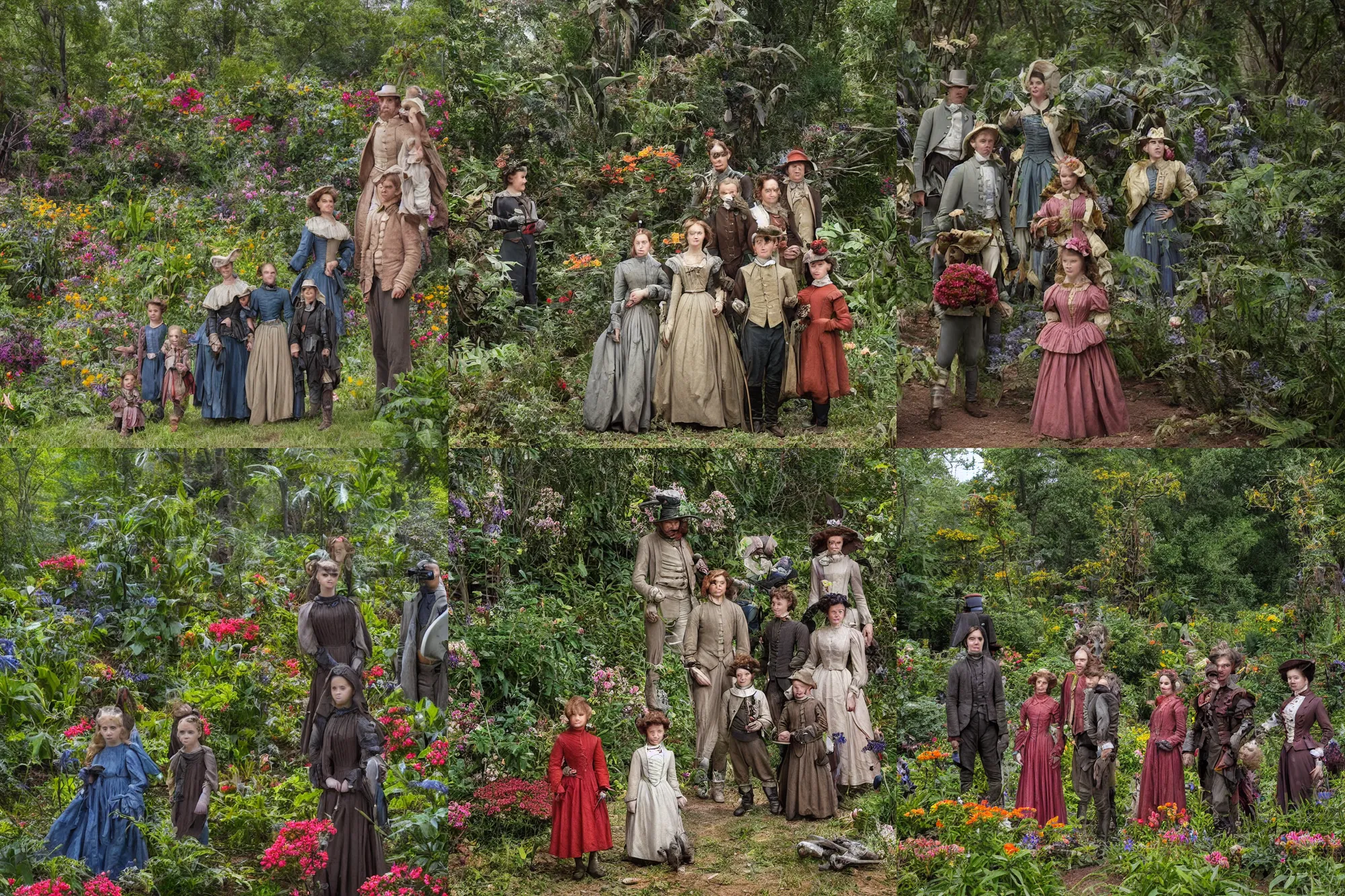 Prompt: sharp, highly detailed, 36864k film, 175000mm film still from a sci fi blockbuster color movie made in 2019, set in 1860, of a family standing in a park, next to some strange alien plants and flowers, on an alien planet, the family are all wearing 1860s era clothes, good lighting, enhanced faces, 280mm f/1.4L lens
