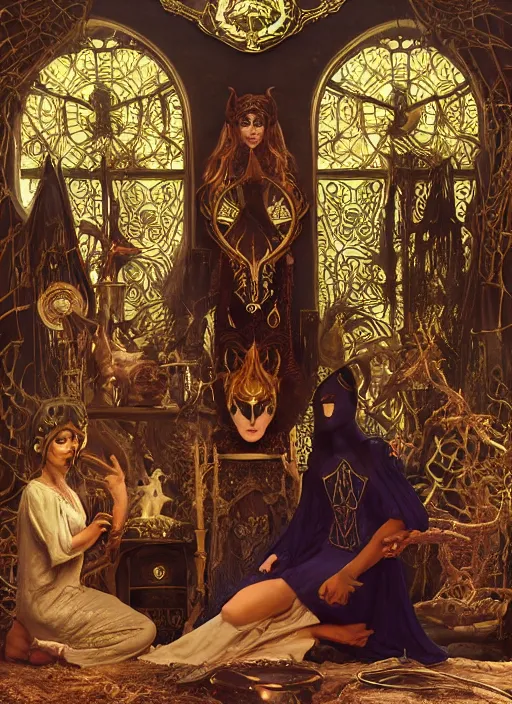 Image similar to picture inside covens den, textless hyper ornate wiccan masks, intricate wiccan scene detailing, highly detailed, lifelike, photorealistic, diffuse lighting, hdrp render, artstation, unreal 5, smooth, sharp focus, art by john collier, albert aublet, krenz cushart, artem demura, alphonse mucha