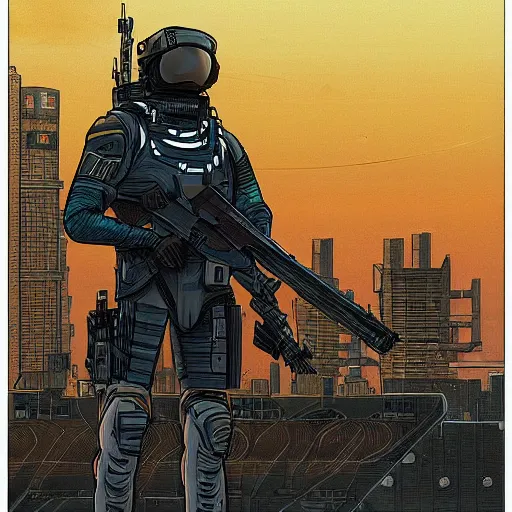 Image similar to a cyberpunk soldier with tactical gear and a rifle patrols a japanese city on mars, Industrial Scifi, detailed illustration, character portrait, by Martin Grip and Moebius