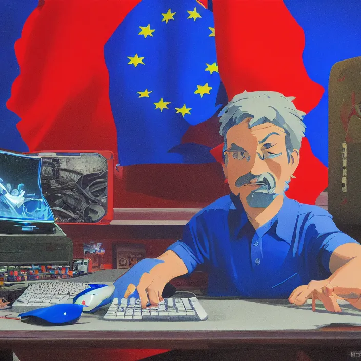 Prompt: european union eu hybrid influencer on blue shirt sitting on chair with eu flag on computer playing games on led keyboard and gaming mouse, ussr suit, communism, ussr armor, eu flag, european union flag, dark and gloom, extremely detailed oil painting, rhads, Bruce Pennington, Studio Ghibli, tim hildebrandt, cinematic, octane render, beautiful composition, trending on artstation, award-winning photograph, masterpiece