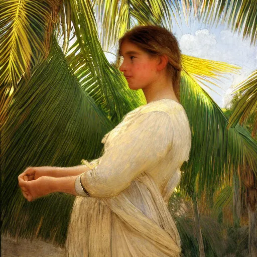 Image similar to a ultradetailed beautiful painting of a girl in the amazonas palace designed by jules bastien - lepage, hans belmer, frank weston and gustave baumann, beach, trending on artstation, mediterranean, palm trees, light sparkles, sharp focus, soft light, 8 k 4 k