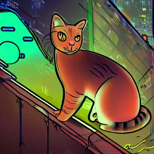 Prompt: a cat in an abandoned city with neon lights digital art trending on art station high quality