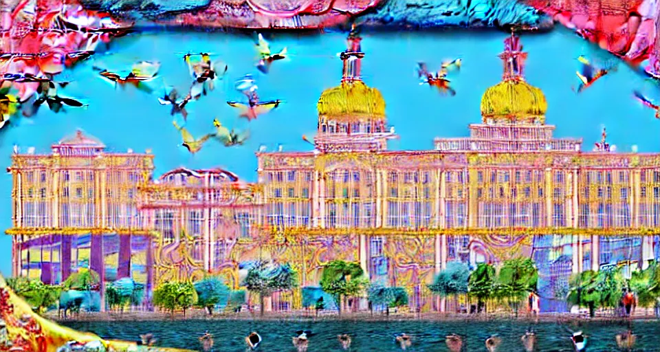 Prompt: a stand-alone building along a river, seen from the long distance. people walking on a bridge. maximalist mixed media paper and baroque embroidery fabric collage. huge flamish baroque birds flying. childrenbook illustration in vibrant pastel tones. matte background. HD 8x