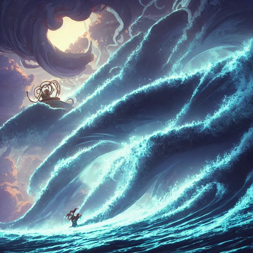 Image similar to treasure planet, giant octopus monster in a stormy sea with huge waves, huge tentacles, clouds, stars, rings, beautiful lighting, vivid colors, intricate, elegant, smooth, concept art, cinematic, unreal engine, wallpaper, by syd mead, terada katsuya, atey ghailan, svetlin velinov, makoto shinkai art style