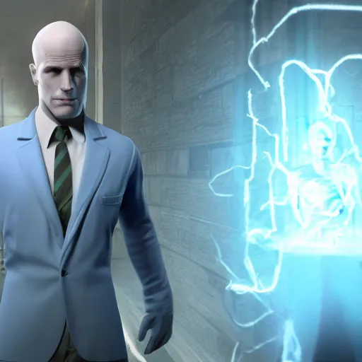 Prompt: A still of Dr. Manhattan as John Constantine, award winning photo, unreal engine, highly detailed features