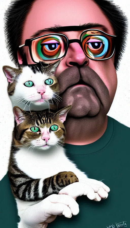 Image similar to a portrait of bubbles from trailer park boys holding a cat. detailed digital art