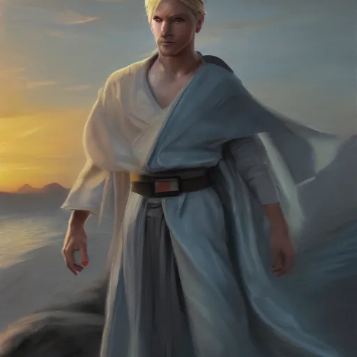 Image similar to a young blonde male jedi with short hair standing still looking at the sunset concept art by Doug Chiang cinematic, realistic painting, high definition, concept art, portait image, path tracing, serene landscape, high quality, highly detailed, 8K, soft colors, warm colors, turbulent sea, high coherence, anatomically correct, hyperrealistic, concept art, defined face, five fingers, symmetrical