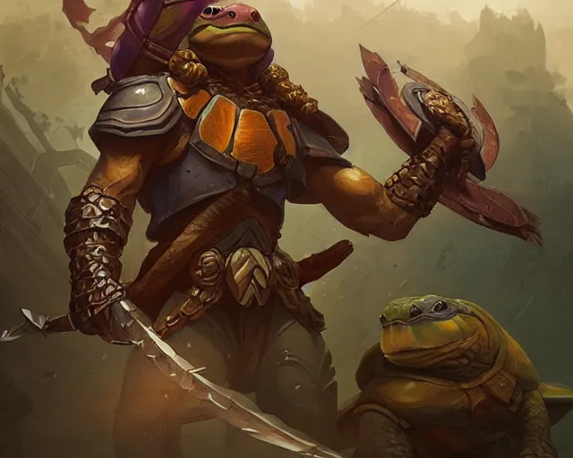 Image similar to battle turtles, deep focus, d & d, fantasy, intricate, elegant, highly detailed, digital painting, artstation, concept art, matte, sharp focus, illustration, hearthstone, art by artgerm and greg rutkowski and alphonse mucha