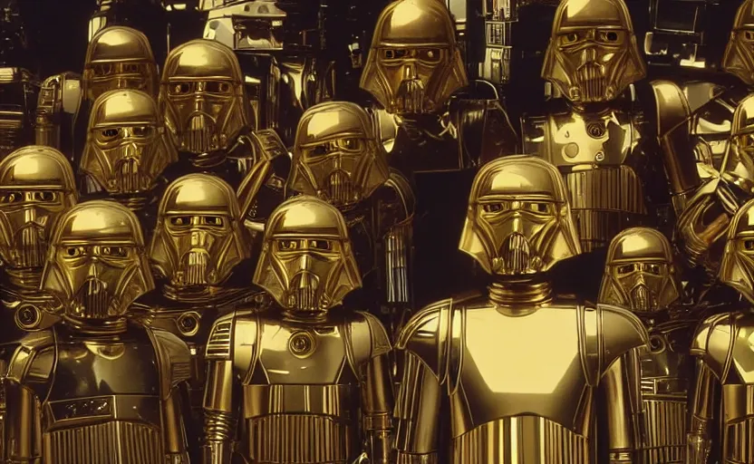 Image similar to screenshot portrait of Luke Skywalker with a fleet of a dozen chrome C-3P0 droids, iconic scene from 1980s film by Stanley Kubrick, 4k, cinematic still frame, surreal sci fi architecture, portrait photoreal, detailed face, moody lighting, stunning cinematography, hyper detailed, sharp, anamorphic lenses, kodak color film stock