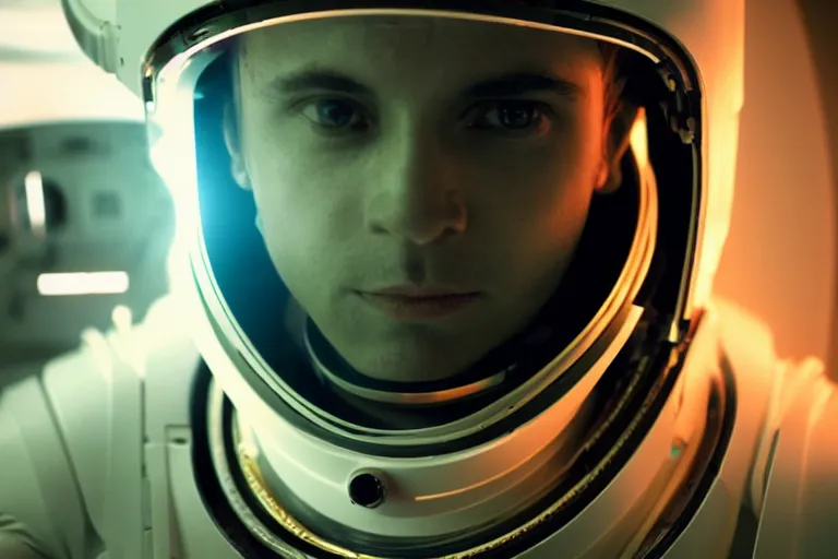 Image similar to VFX movie of a futuristic spaceman closeup portrait in high tech spaceship, beautiful natural skin neon lighting by Emmanuel Lubezki