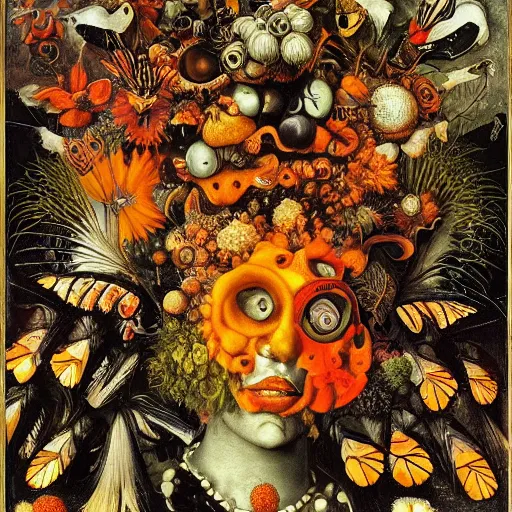 Prompt: album cover, new age, black, white, orange, psychedelic, giuseppe arcimboldo