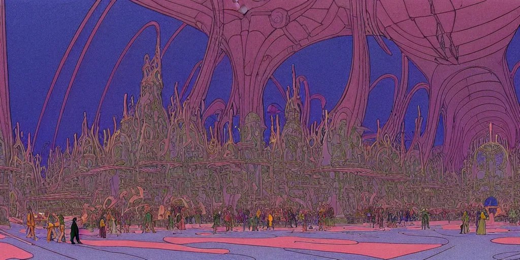 Prompt: cel shaded matte illustration, cinematic shot of the interior of a sci - fi space station with ornate elven architecture bustling with people, epic castle, emerald, crystalline, detailed illustration, sharp focus, crisp lines, art by moebius!!!, jean giraud moebius!!! comic illustration