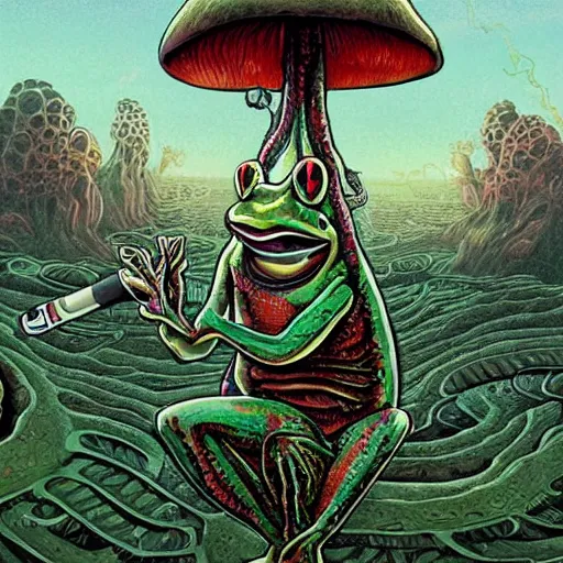 Image similar to A centered chest up portrait of a psychedelic lovecraftian godlike anthropomorphic frog smoking a hand-rolled cigarette smoking heavily , magic mushroom village in background . award winning. superb resolution. in the art style of junji Ito and greg rutkowski . Detailed Mushroom city in background. Hyper realistic anime. Perfect art. Dalle2