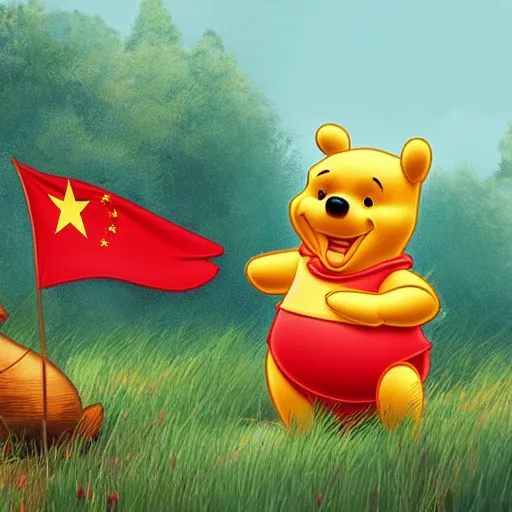 Prompt: winnie the pooh saluting the chinese flag, photorealistic