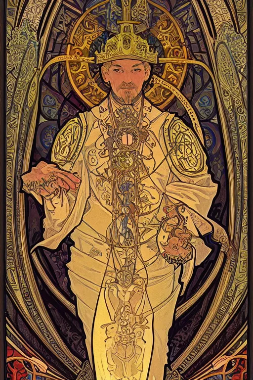 Image similar to tarot card, the emperor, medieval, super detailed, ornate, by alphonse mucha, artstation, symmetry, cold colors, art nouveau, 8 k